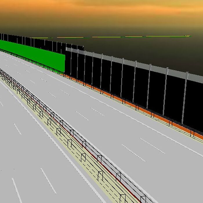 Blick auf das Modell der Fahrbahn der A 14, beidseitig Lärmschutzwände, mittig Mittelstreifen mit Stahlschutzplanken