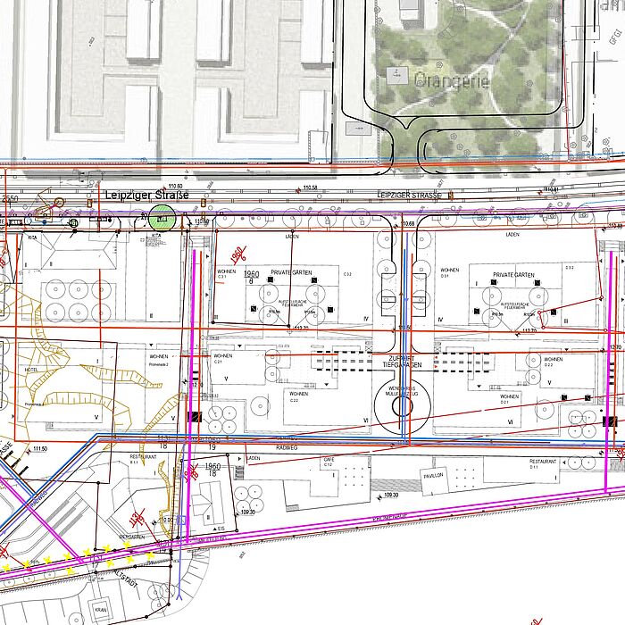 Übersichtsplan über geplante Bebauung mit Erschließungstrassen (Leitungen)