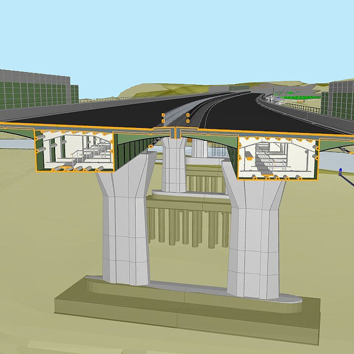 erstellt mit Allplan, dargestellt in DESITE, Muldebrücke A14 Schnitt durch das fertige Bauwerk