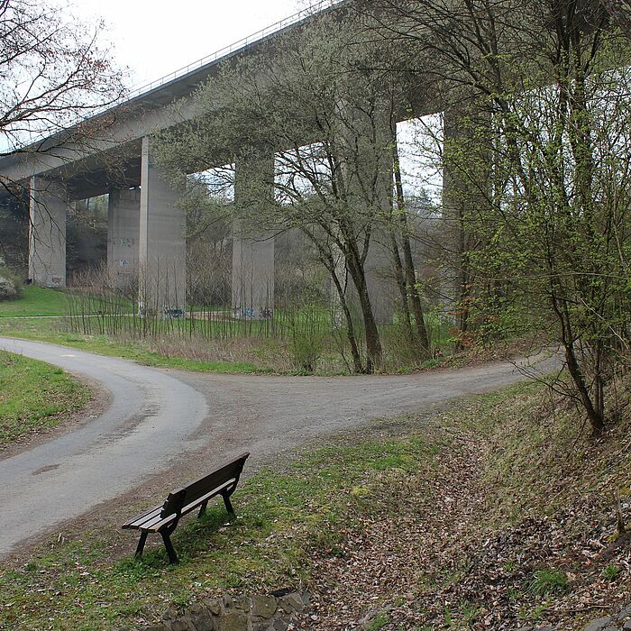 Blick auf die Konstruktion der Brücke von unten und auf die Stützen, Wegekreuzung mit Sitzbank