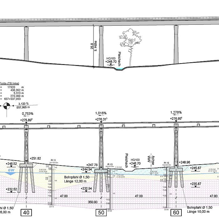 Konstruktionsplan mit Längsschnitt durch die geplante Brücke mit Bemaßung