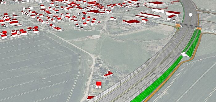 Blick auf das 3D-Model der A14 und die Ortschaft mit Gebäudemodellen, Führung der A14 parallel zum Ortsteil Sommerfeld