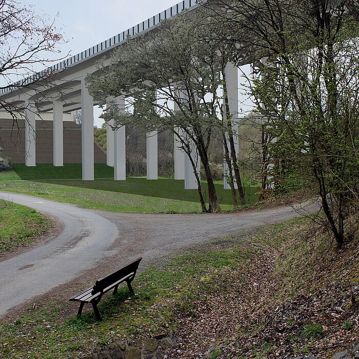 Blick auf die geplante Konstruktion der Brücke von unten und auf die Stützen, darunter befindlicher Weg mit Personen