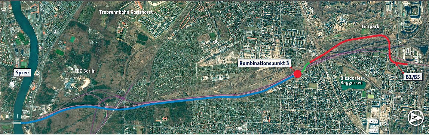 Übersichtslageplan im FAR II untersuchter Linienvarianten in den Korridoren 3 (blau: östlich des BAR) und 4 (rot: westlich des BAR); Kartengrundlage: TK10000  FIS Broker Berlin