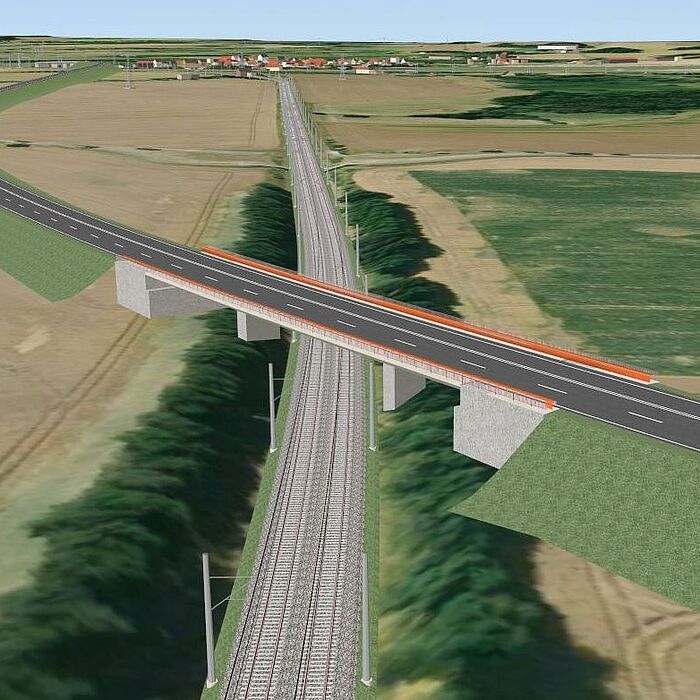 3D-Planungsmodell mit Brückenbauwerk über eine Bahnstrecke - Erstellt mit Korfin, Kartengrundlage Geobasisdaten: © Staatsbetrieb Geobasisinformation und Vermessung Sachsen 2018