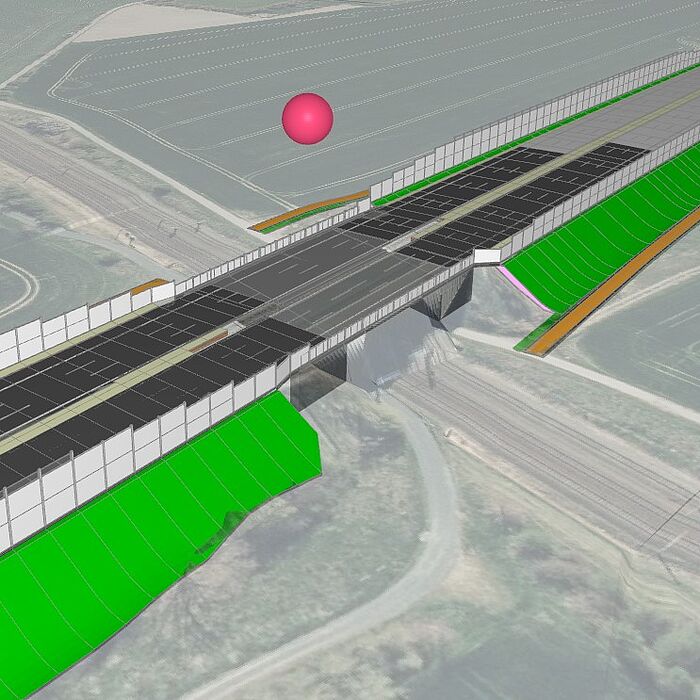 Blick auf das 3D-Model des Bauwerks 31 mit sichtbaren Lärmschutzwänden, Sichtbarkeit des Geländes um die Verkehrsanlage