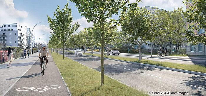 Visualisierung: Radweg zwischen Versickerungsanlagen und Gehweg © SenMVKU/BloomImages