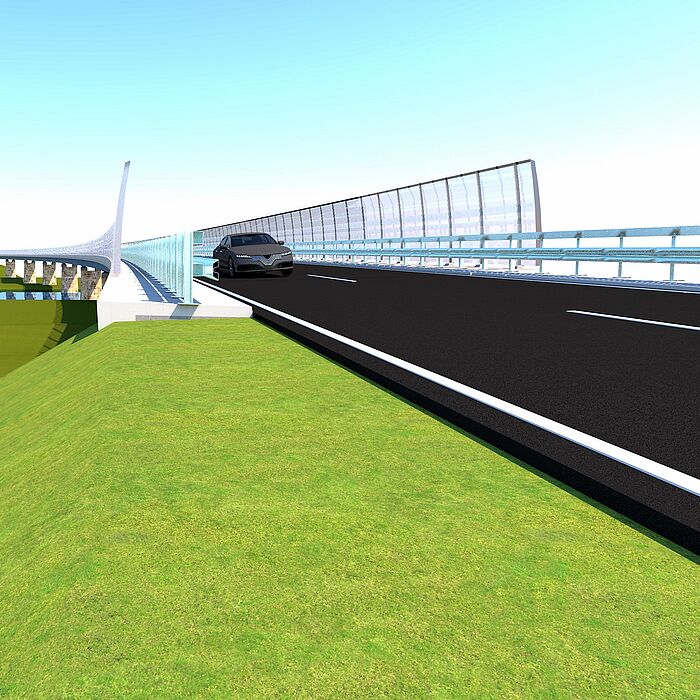 Visualisierung der geplanten Straßenbrücke über die Donau, Blick vom Widerlager auf die Straßenoberfläche mit Fahrzeug