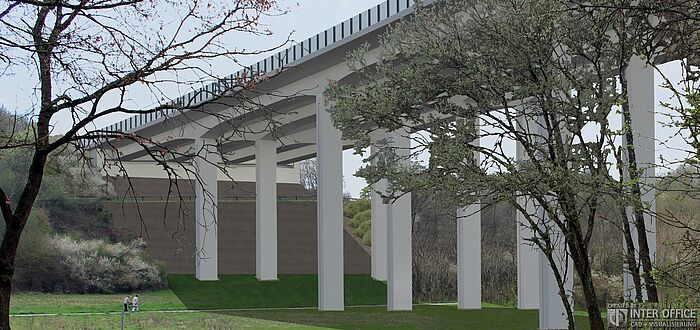 Blick auf die geplante Konstruktion der Brücke von unten und auf die Stützen, darunter befindlicher Weg mit Personen