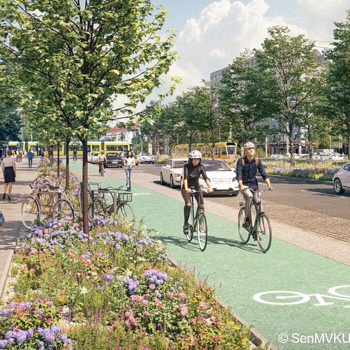 Gehweg mit Personen, Grünstreifen, Radweg und Fahrbahn
