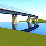 Visualisierung der geplanten Straßenbrücke über die Donau, Blick auf die Konstruktion und die Stützen, Brücke spiegelt sich in der Donau
