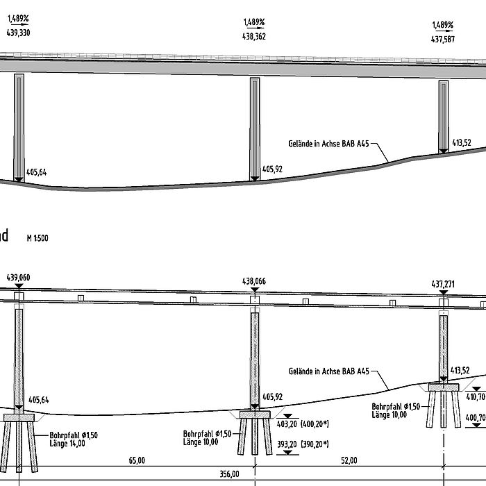 Konstruktionsplan mit Längsschnitt durch die geplante Brücke mit Bemaßung