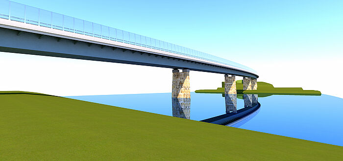 Visualisierung der geplanten Straßenbrücke über die Donau, Blick auf die Konstruktion und die Stützen, Brücke spiegelt sich in der Donau