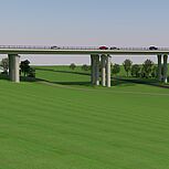 Visulaisierung der Talbrücke, Gelände mit Fließgewässer, darüberliegend die Talbrücke, welche mit Fahrzeugen befahren wird