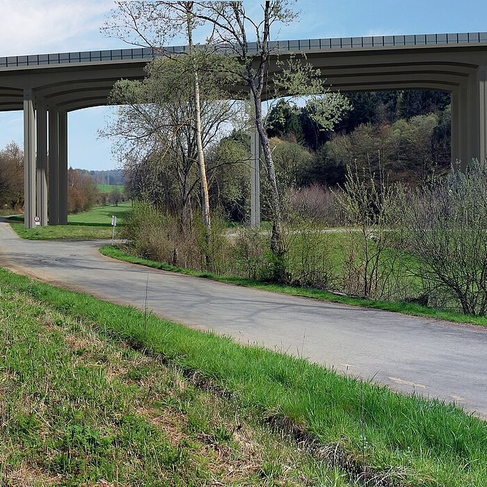 seitlicher Blick auf die visualisierte Brücke, Gelände mit Weg, welcher unter der Brücke hindurch führt
